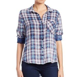 EUC Cloth & Stone Anthropologie LARGE Plaid Flannel Gauze Burnout Button Down